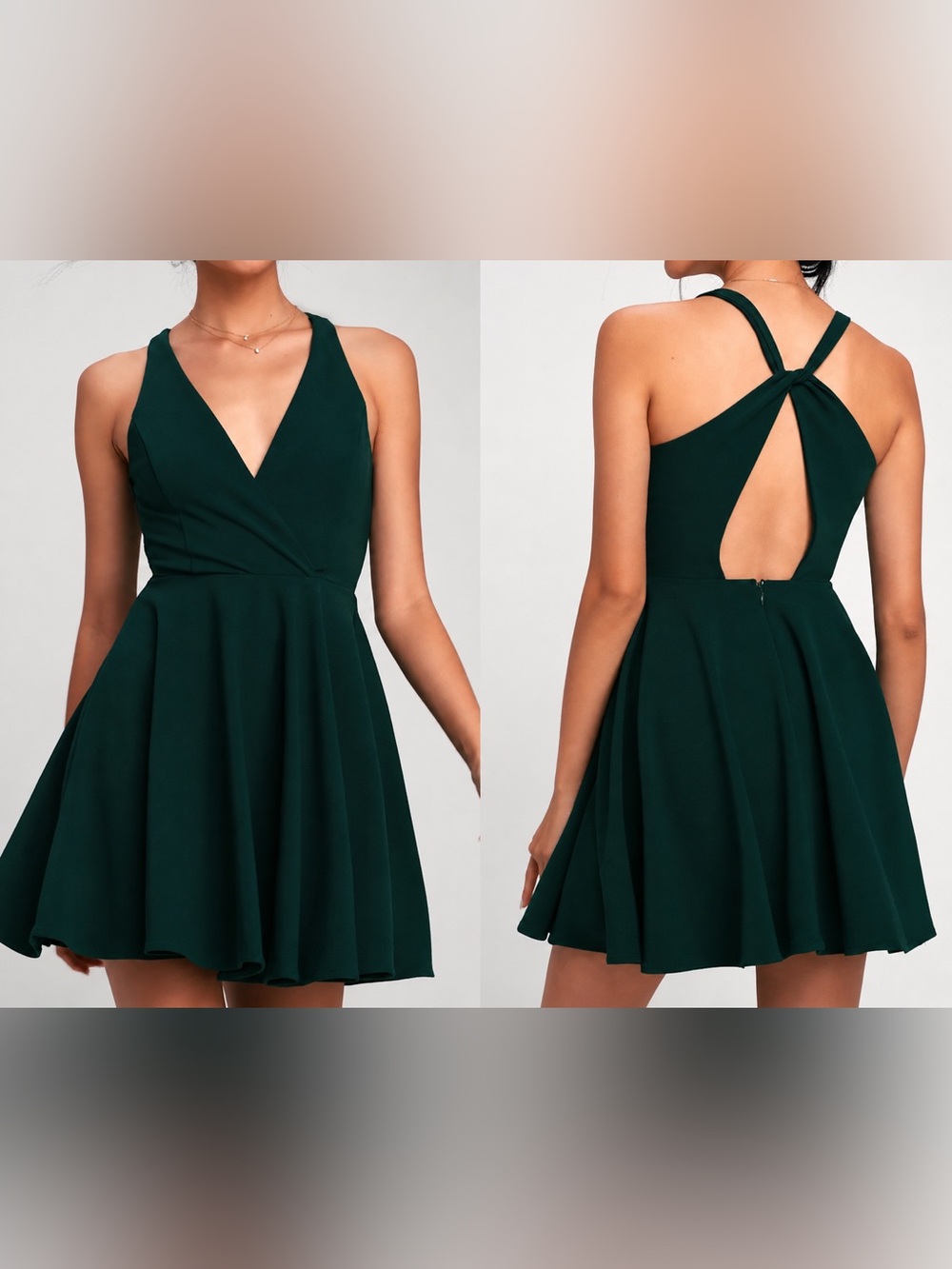Lulus NWT Wonder Whirl dark green twist back mini dress, medium
